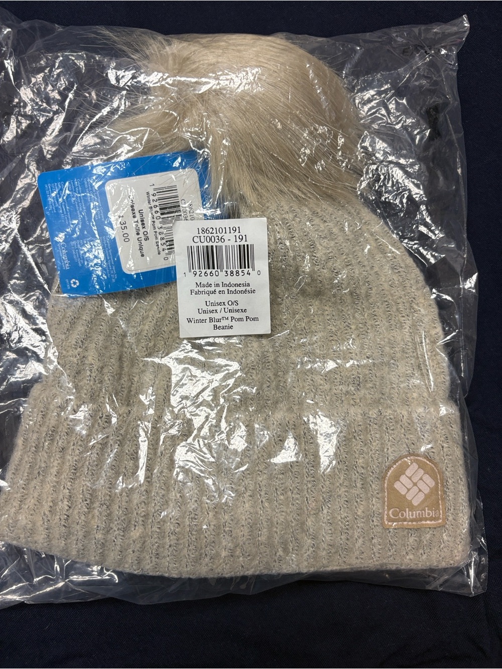 Columbia Winter Blur Pom Pom Beanie Hat Oatmeal CU0036-191 Mens Unisex NWT